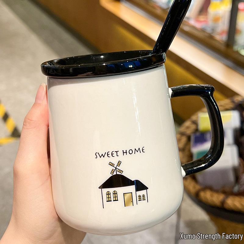 Ceramic Mug with Lid & Spoon - Cute Children's Design, Perfect for Home, Office, or Breakfast Coffee