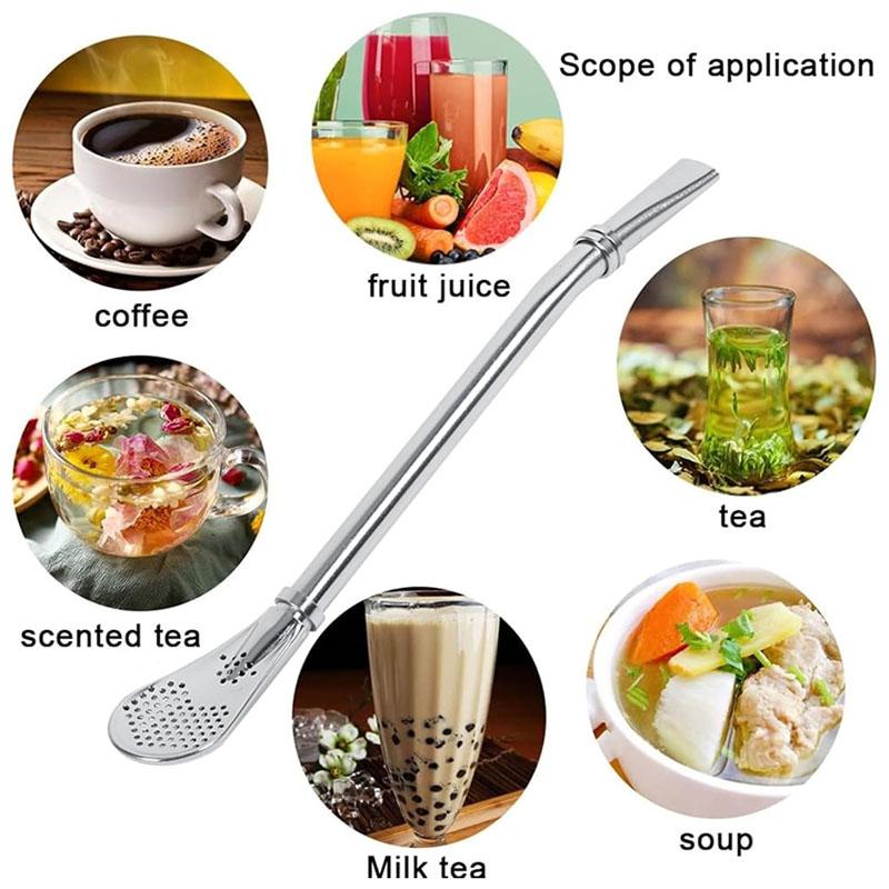 1/3/5pcs Reusable Stainless Steel Drinking Straws with Filter Spoon Bombilla Yerba Mate Straws Beverage Stirring Filter Spoon