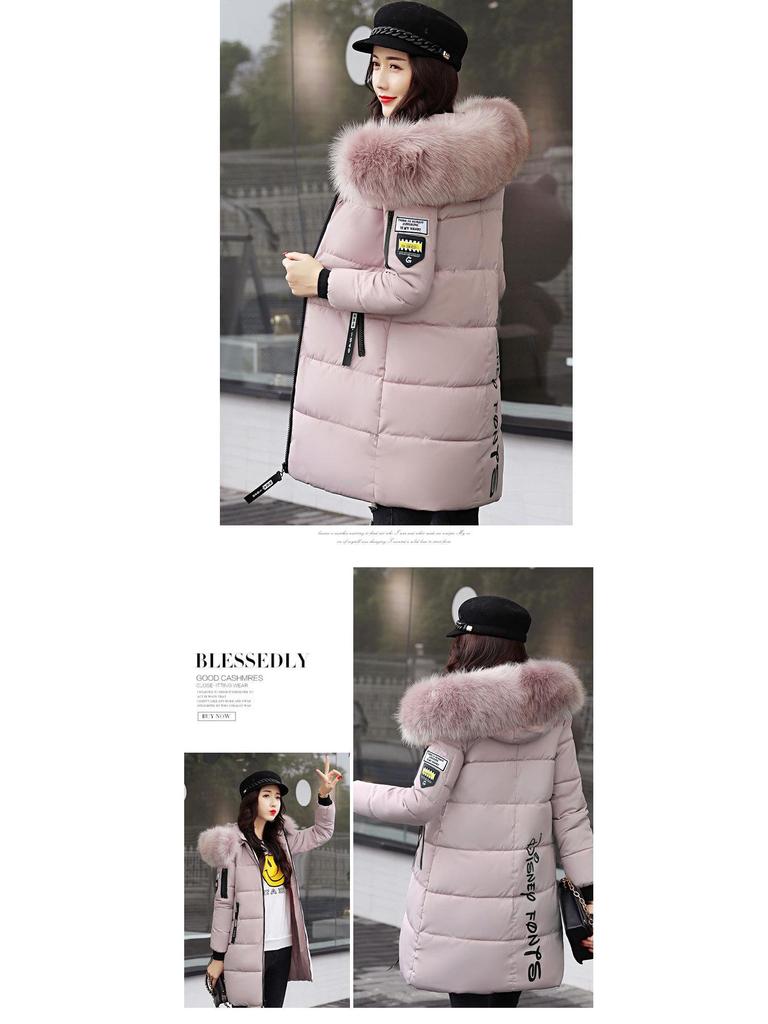 Women's Mid-Length 2024 Winter Cotton Coat with Large Fur Collar - European, American, and Korean Style, Plus Size, Thickened.
