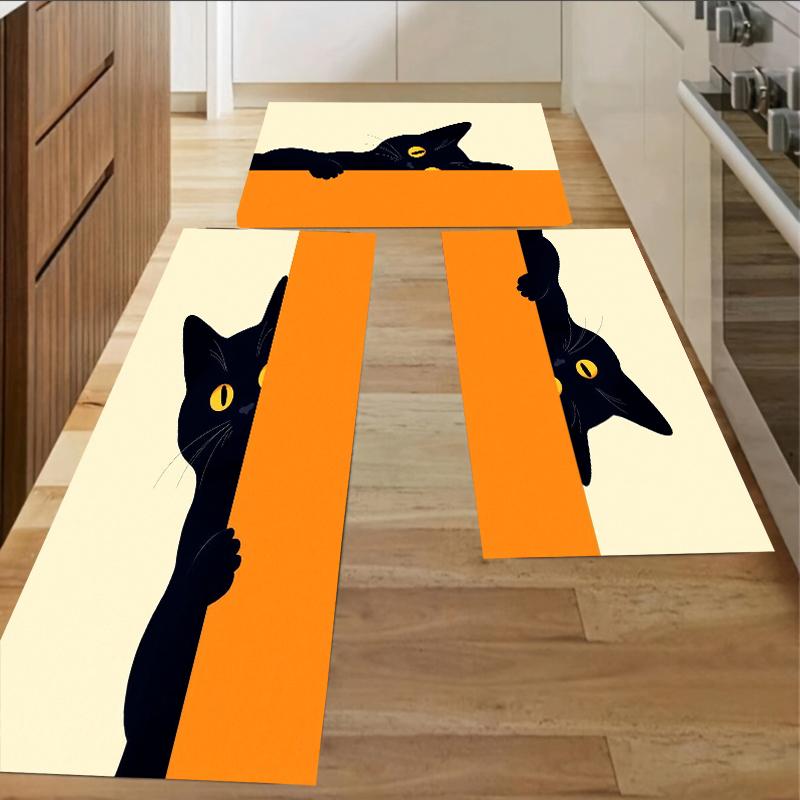 

Подглядывающий Черный Кот Оранжевая Полоска Кухонный Коврик Набор - Нескользящие Моющиеся Напольные Коврики для Кухни, Ванной Комнаты и Прихожей Дома 160cm x 230cm
