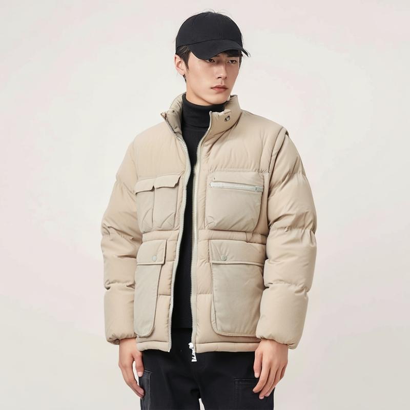 New Era Solid Color Stand Collar Zipper Cotton Jacket Men jackets Beige 12866433