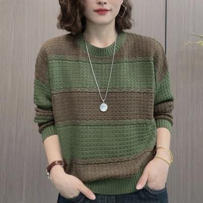 Gestrickter Pullover Gestreift Frühling Damen Locker Rundhals Langarm Strickpullover Oberteil Damen