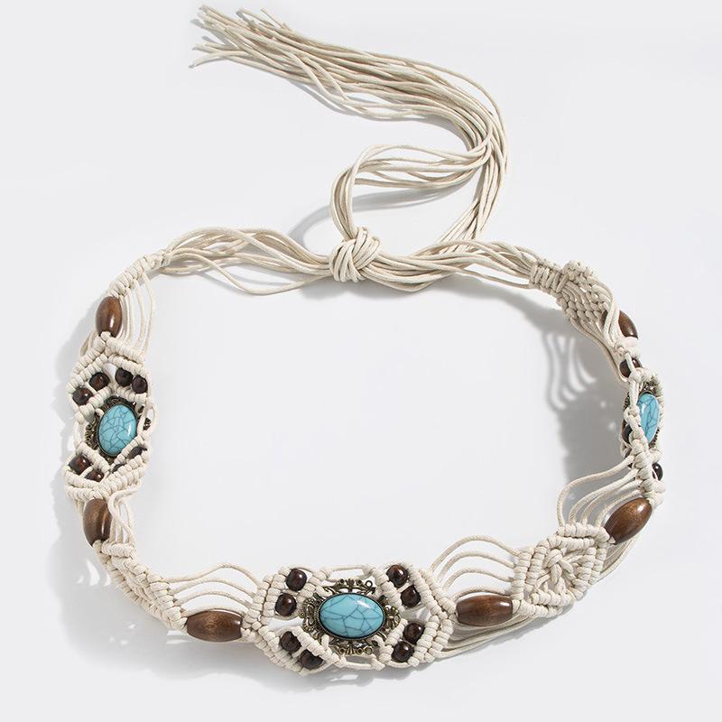 New Bohemian-style Alloy Cat's Eye Crown Bead Woven and Knotted Ethnic Style Handmade Vacation Women's Waist Rope