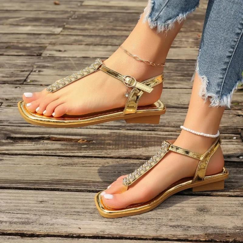 Solid Bling Pu Modern Sandals Buckle Strap Adult Female Shoes On Sale 2024 Fashion Low Heel Flat with Fashion Women's Sandals