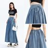 Spring Autumn  High Elastic Waist Long Denim Skirt for Women Streetwear Lace-up Blue Maxi Jeans Skirts Female
