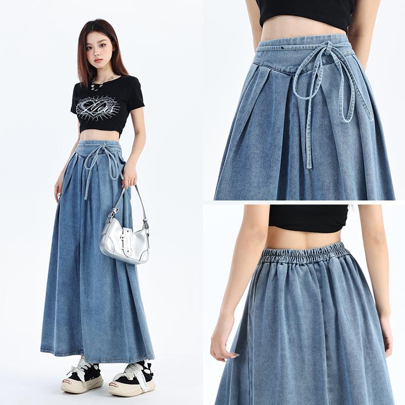 Spring Autumn  High Elastic Waist Long Denim Skirt for Women Streetwear Lace-up Blue Maxi Jeans Skirts Female