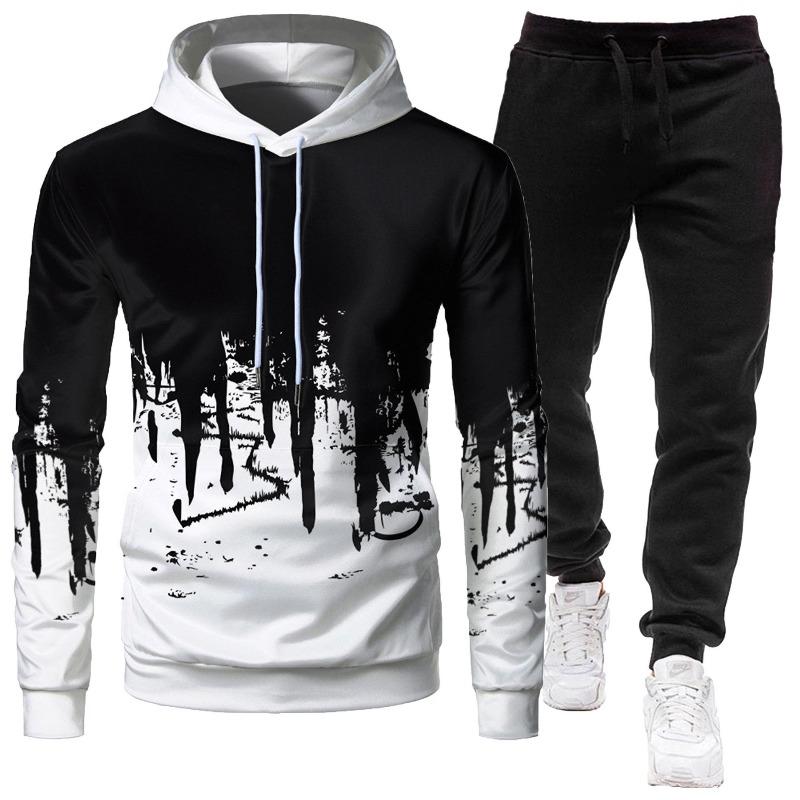 2026 Men s Sporty Slim Fit Graffiti Print Hooded Set S