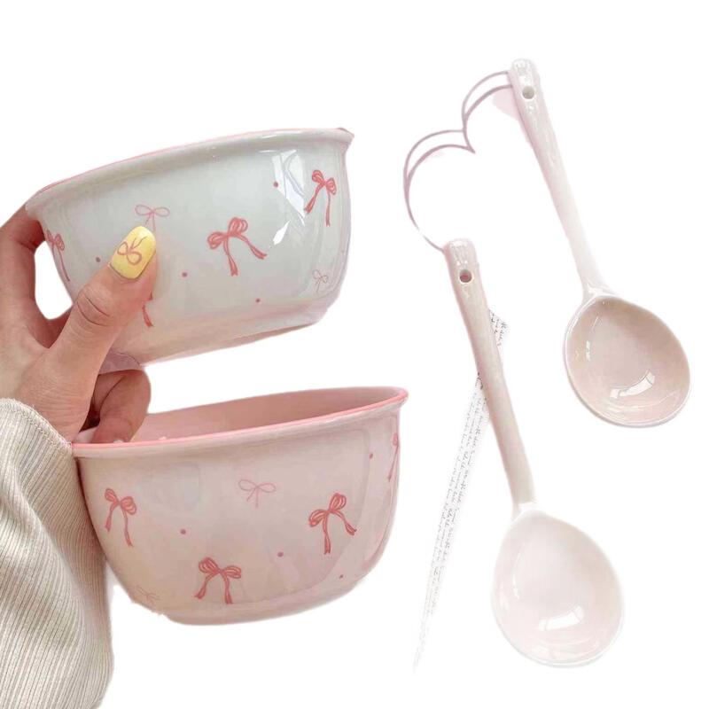 ZISIZ Girly Pink Bow Ceramic Rice Bowl Set