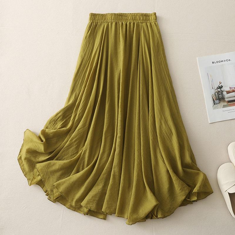 Long A-line Skirt In Cotton and Linen with Elastic Waist In Pure Color for Summer and Autumn