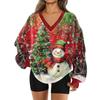 Women's Fashionable V-neck Christmas Printed Long Sleeved Casual Pullover Plush Warm Sweatshirt Top
