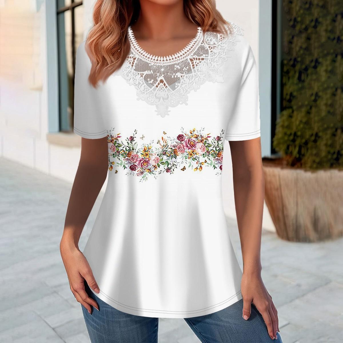 

Летние топы для женщин 2024, модные рубашки с круглым вырезом и короткими рукавами для отпуска, повседневная свободная удобная туника, одежда XL