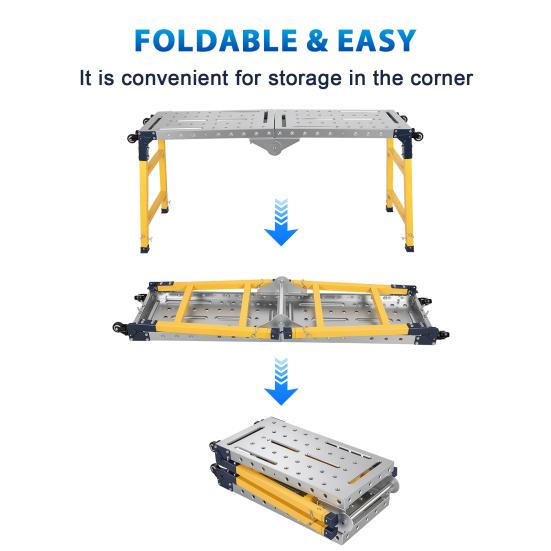 Stable Folding Platform Heavy Duty Adjustable Work Platform, 1100 lbs Capacity, Zinc Plated Steel with Wheels Portable & Anti-Slip Surface, 4/5 Height