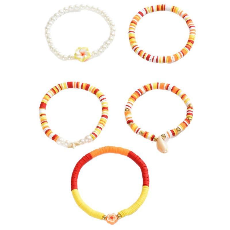 Soft pottery shell bracelet set, colorful beach vacation style handmade beaded imitation pearl flower bracelet.