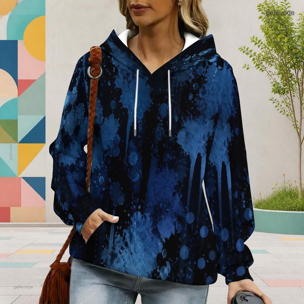 Women Plus Size Long Sleeve Drawstring Hoodie Watercolor Floral Printed Kangaroo Pocket Pullover