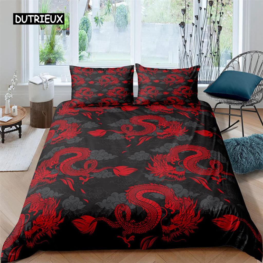 Fire Dragon Duvet Cover Set Magical Dinosaur Bedding Set Jungle Animals Pattern Wildlife Style King Size Polyester Quilt Cover