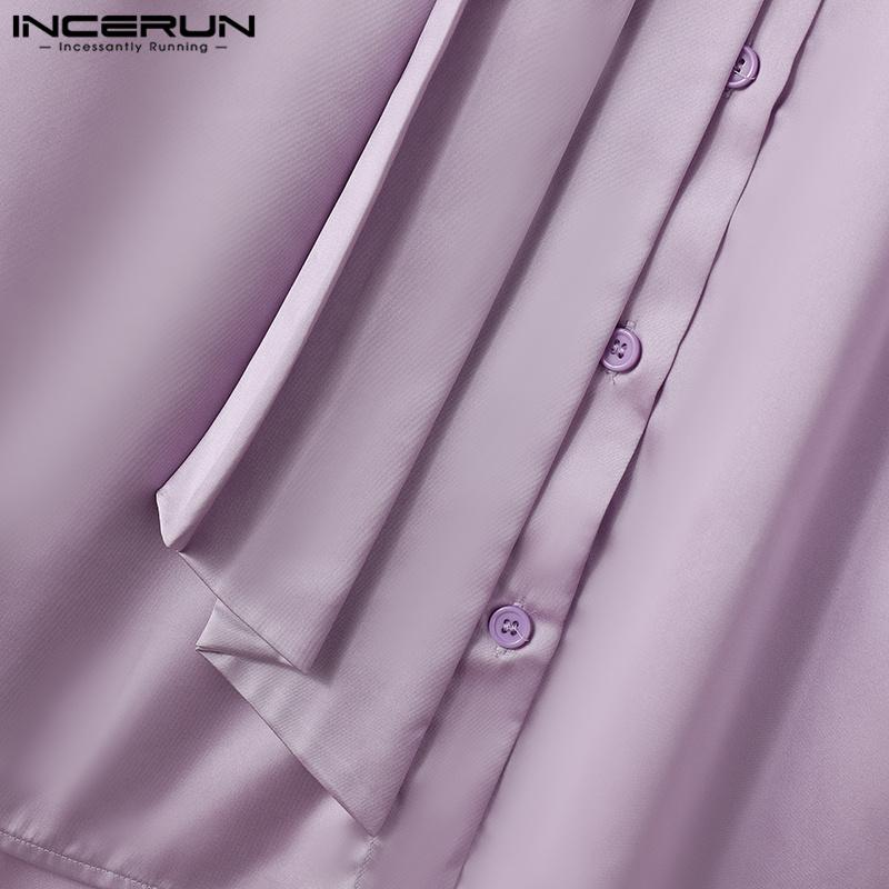 INCERUN Ανδρικά πουκάμισα με ψηλό λαιμό με βολάν, μακρύ μανίκι