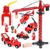 Wooden Fire Engine 17 Pieces Magnetic Vehicle and Helicopter Toy for 3-6 Years Boys
