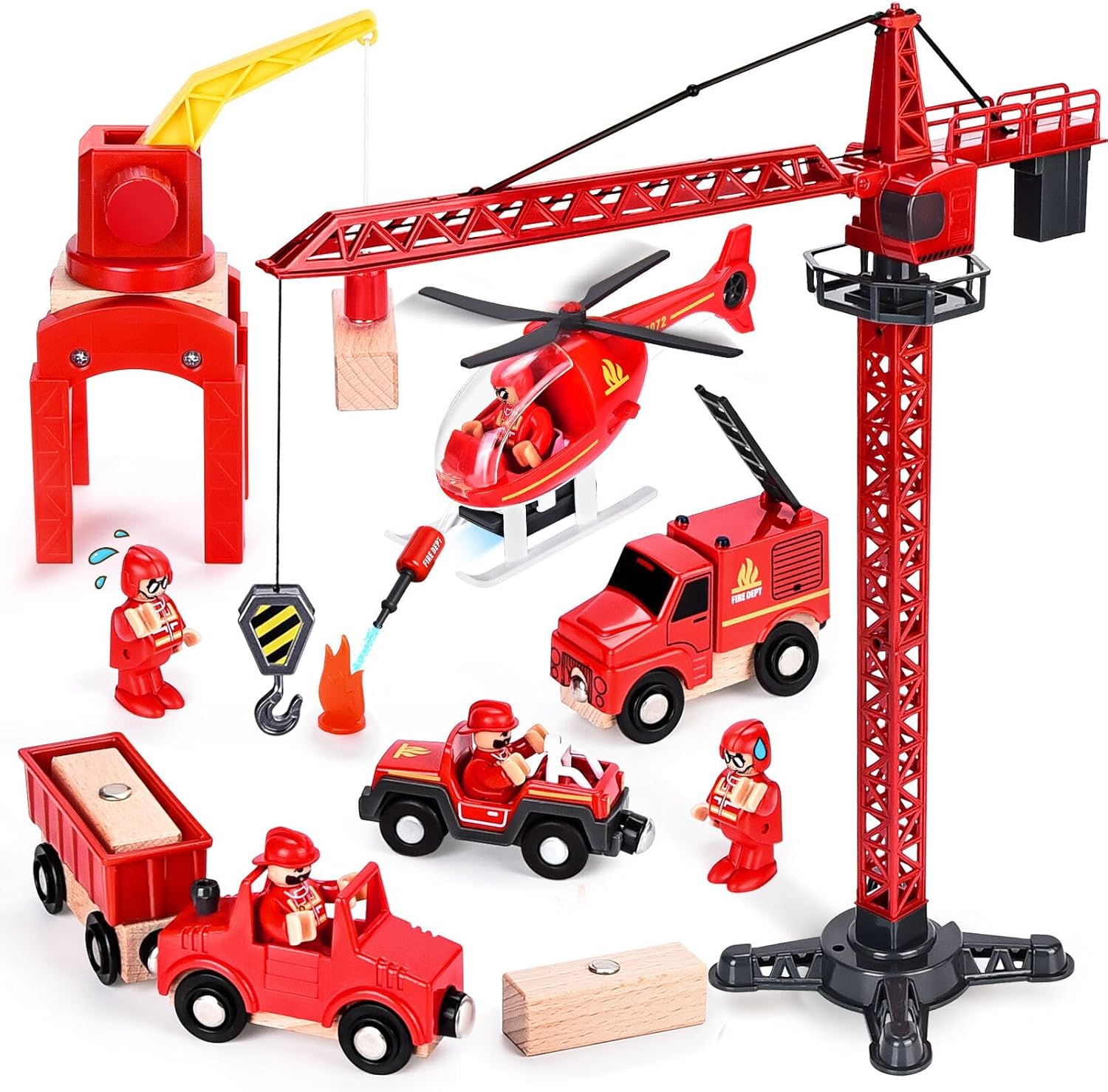 

Деревянная пожарная машина 17 деталей Магнитный автомобиль и игрушка-вертолет для мальчиков 3-6 лет