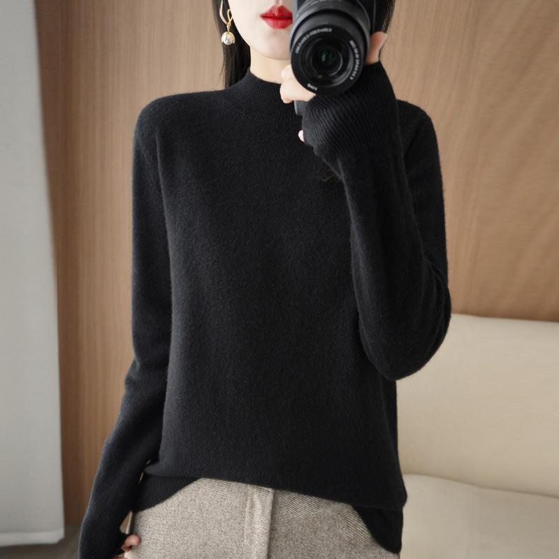 Autumn Winter Sweater Women's Korean Slim Pullover Sweater Half High Neck Knitted Sweater Short Style Solid Color Base Sweater Casual Sweater