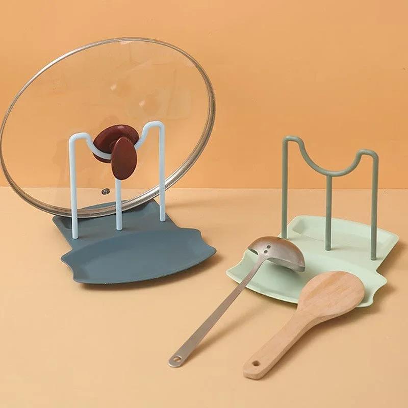 1Pc Kitchen Dish Pot Lid Storage Rack Countertop Punch-Free Spoons Holder Bracket