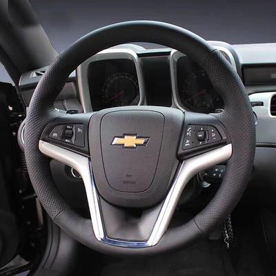 For Camaro 5 Gen 2014 2015 RS Hand Stitched Non-slip Car Steering Wheel Cover DIY Black Napa Leather Car Interior