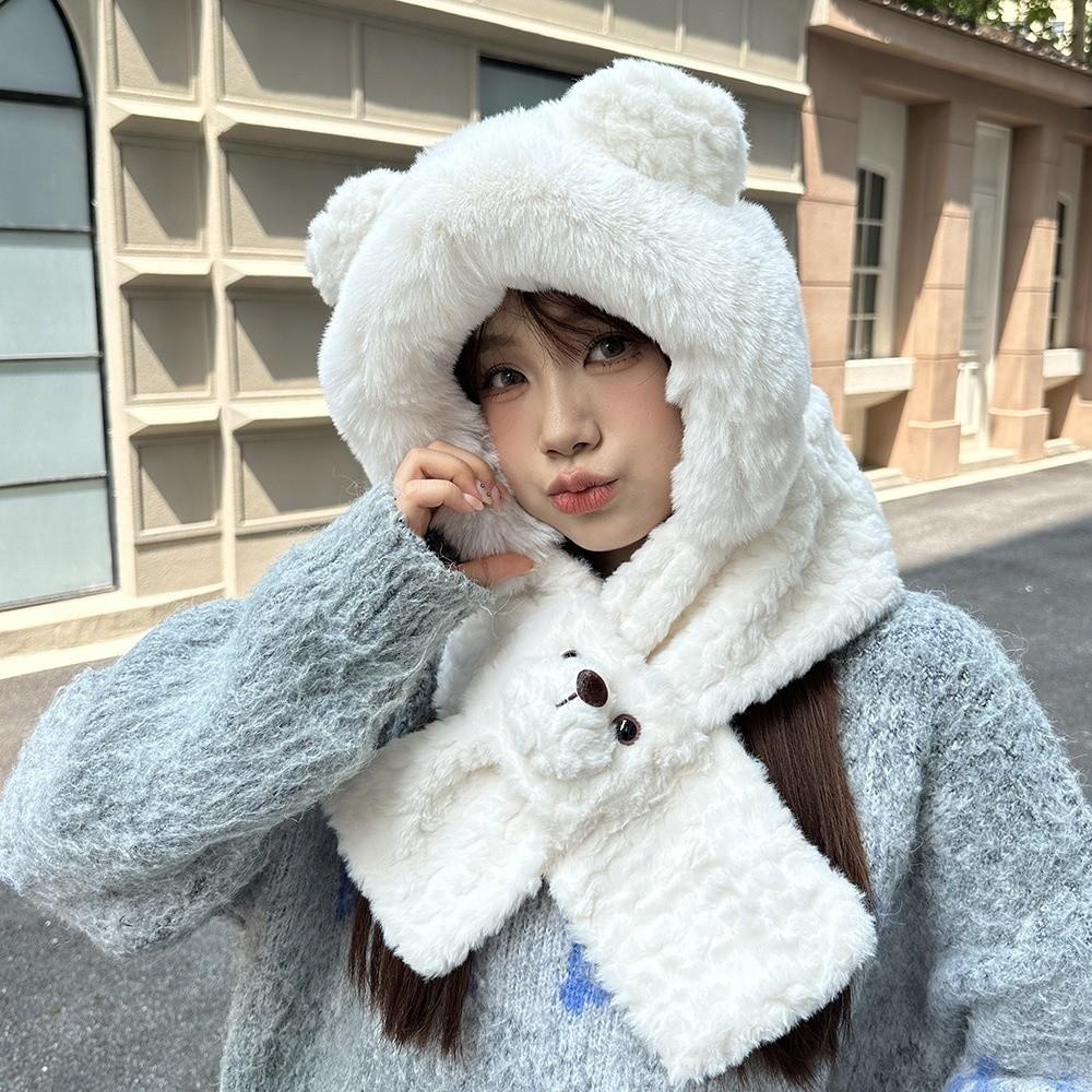 Cartoon Bear Ear Hat Solid Color Winter Neckerchief Fashion 2 In 1 Plush Scarf  Winter
