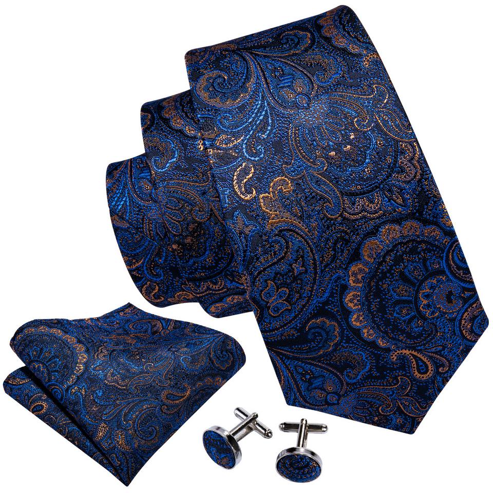 Barry.Wang Mens Blue Tie Novelty Striped Silk Necktie Pocket Square Cufflinks Set Designer