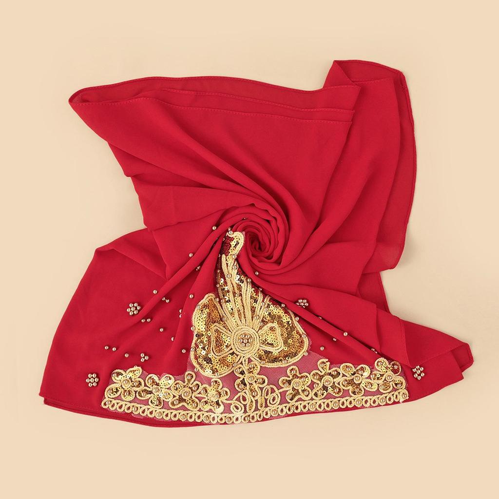 Ethnic Style Pearl Beaded Chiffon Headscarf with Rolled Edge