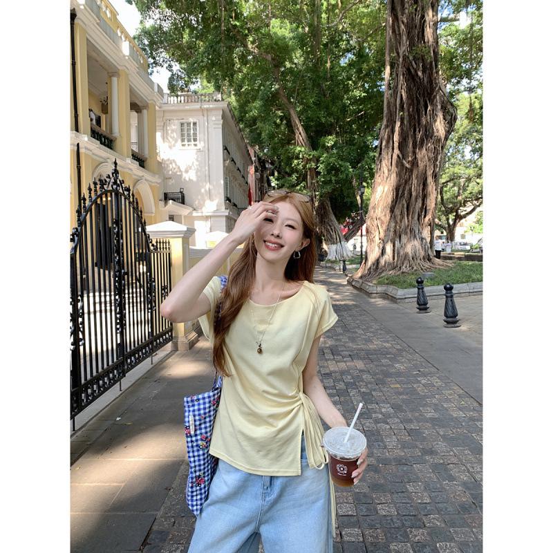 Women's Summer Korean Style Pleated Waist Lace-Up Slim Fit Short-Sleeve T-Shirt