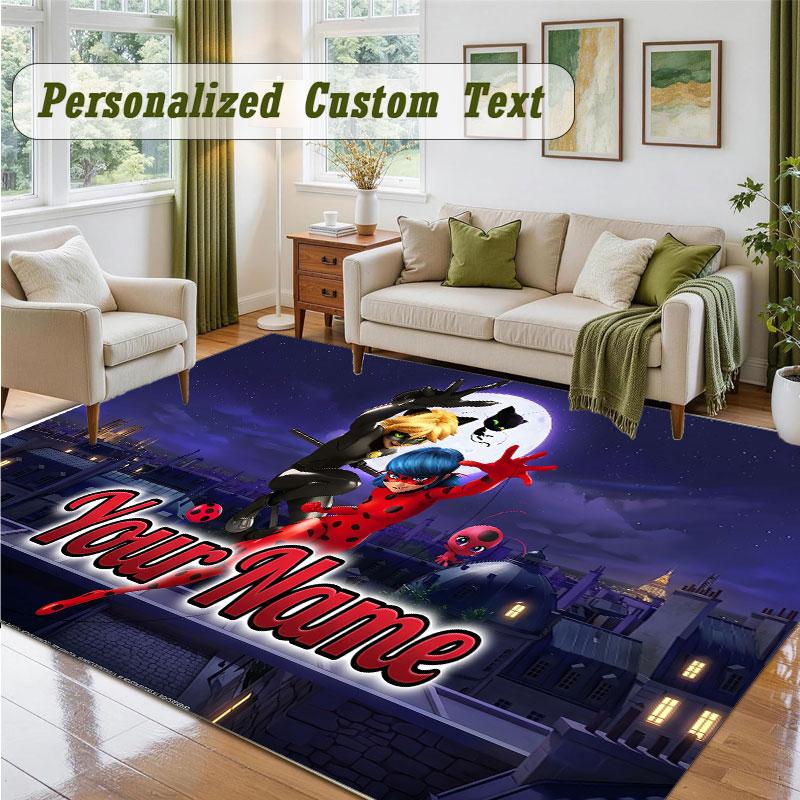 Crystal Velvet Square Rug Custom NameMiraculous Ladybug Pattern Non Slip Home Floor Decor Rug