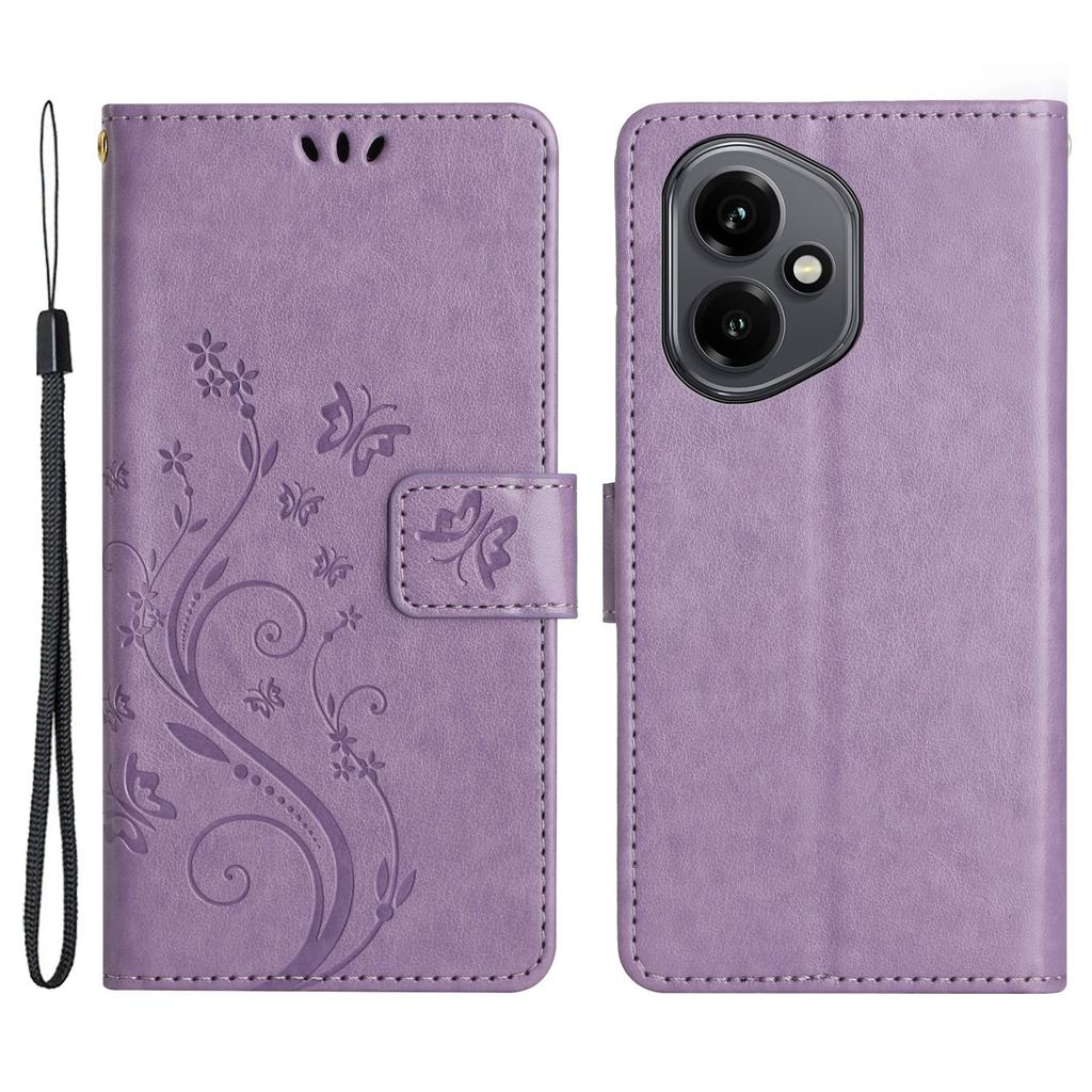 Dla Honor 400 5G (Światowy) Skórzane etui portfelowe z wytłoczonym motylem i kwiatem, pokrowiec na telefon ze smyczą