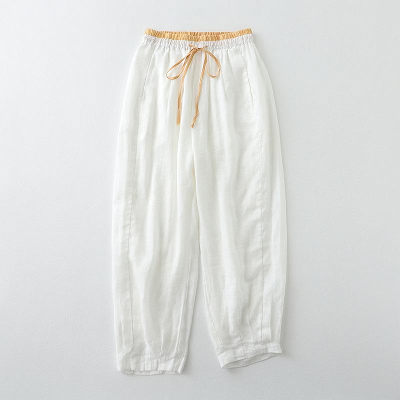 Summer Elastic Waist Stitching Lace-up Fine Cotton and Linen Loose and Comfortable Nine-point Pants Harem Pants Casual Women's Pants