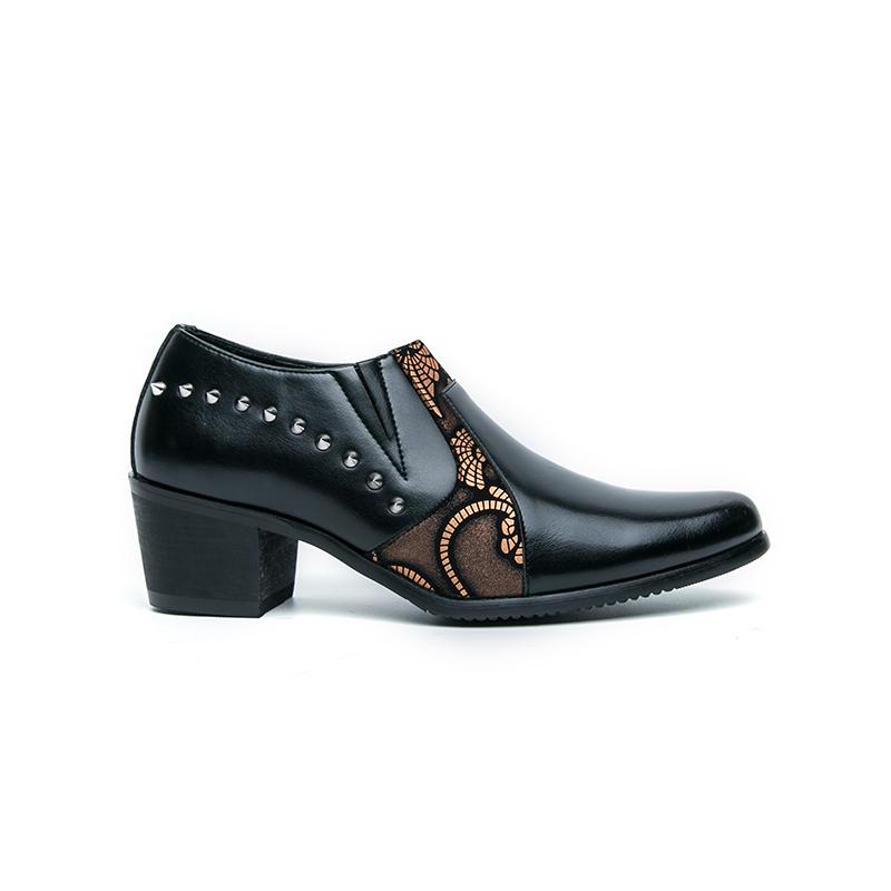 Fashion Black Leather Business Dress High Heel Men's Shoes Pointed Toe Slip-on Rivets Elegant Party Wedding Shoes Thick Bottom Plus Size