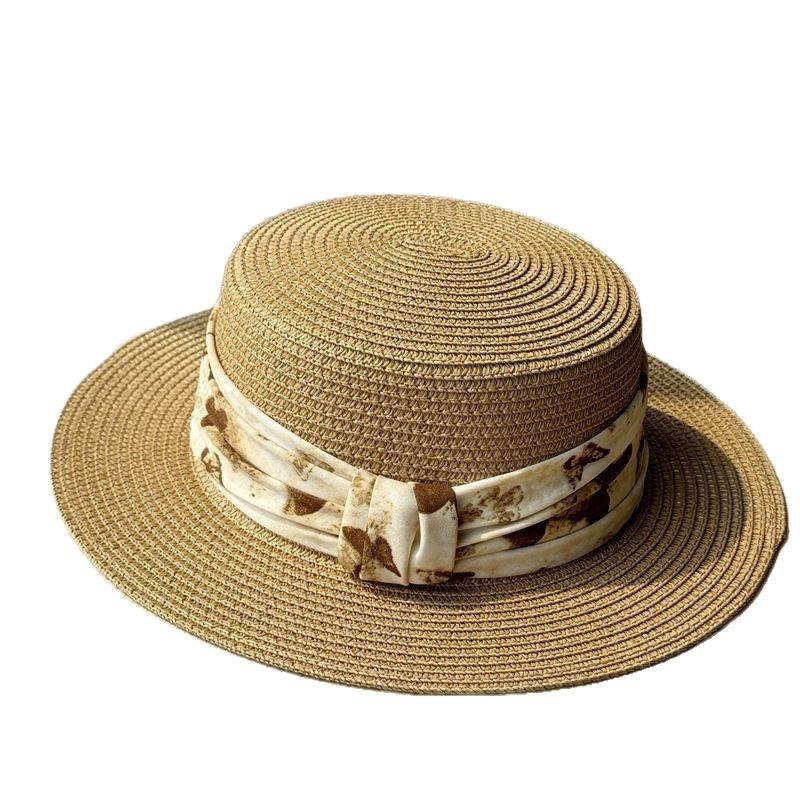 New French-style Fashion Straw Hat with Flat Brim for Women, Summer Seaside Flat-top Straw Hat, Beach Vacation Sunshade and Sun Protection Hat