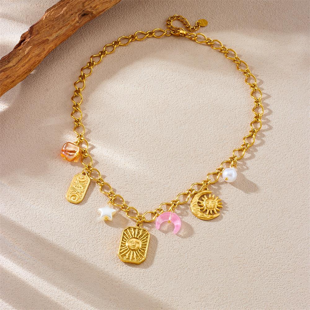 Exotic Stainless Steel Thick Chain Necklace Square Plaque Relief Sun Pendant Necklaces Fashionable Irregularity Pearl Jewelry