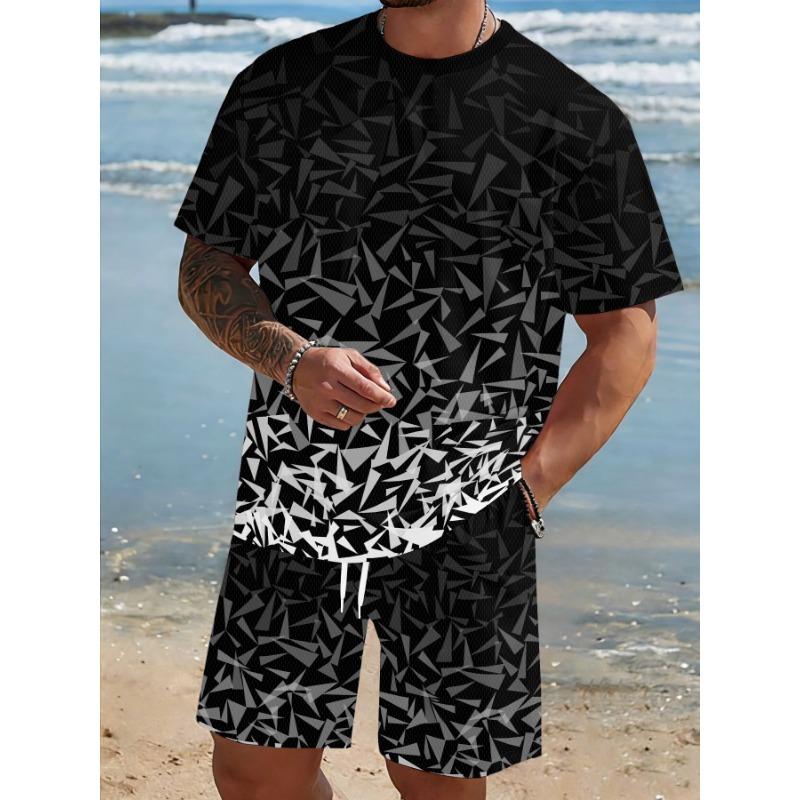 Summer Men's Outdoor Short-sleeved T-shirt + Shorts Set, Digitally Printed Retro Style Pattern, a Must-have for Street Fashionistas