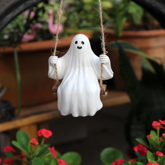 Swing Ghost Garden Statue Cute Resin Ghost Figurine Outdoor Tree Hanging Ornament for Porch Garden Lawn Yard Decor