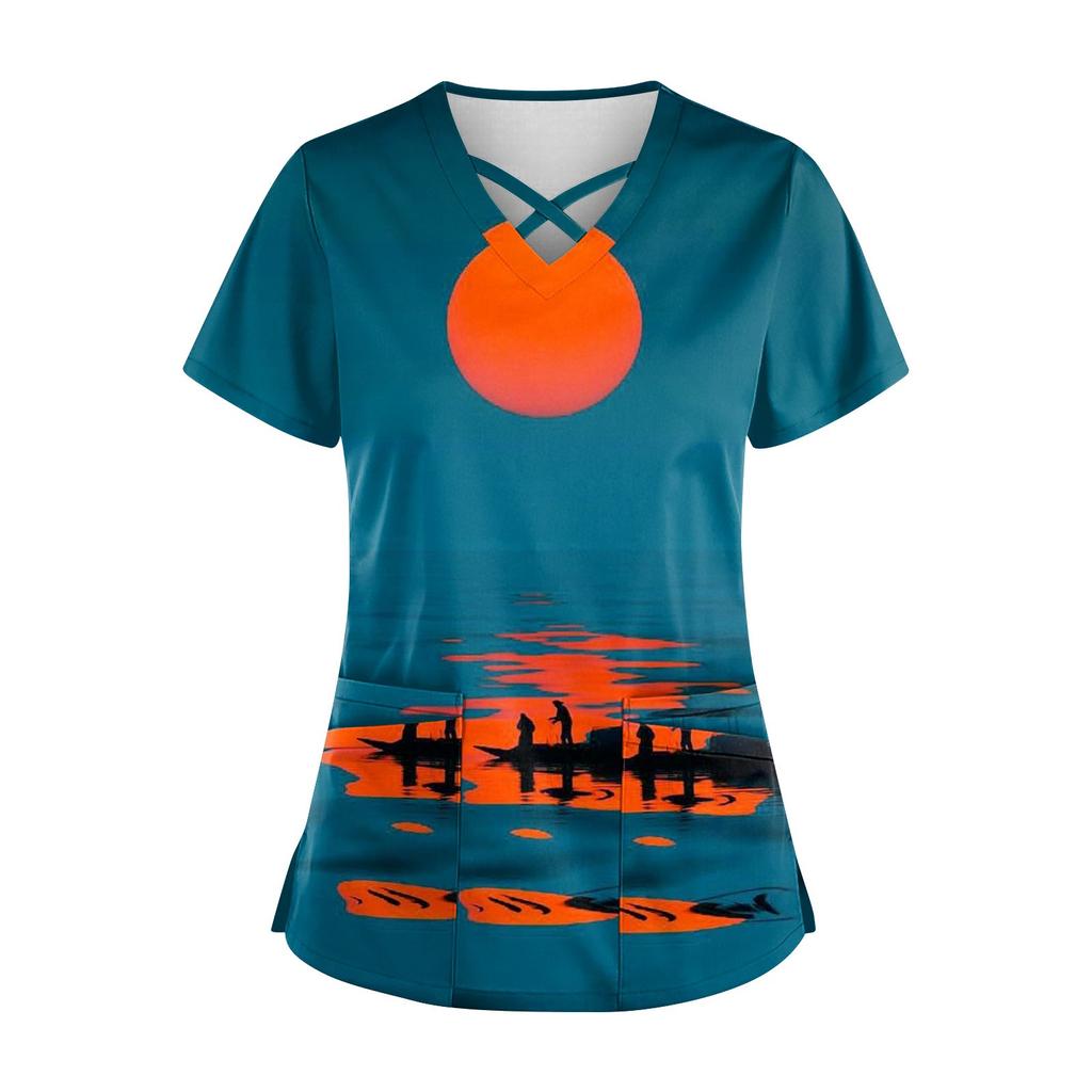 Women's Hawaii Printed Uniform Work Uniform V-Neck Pocket Protective Work Uniform