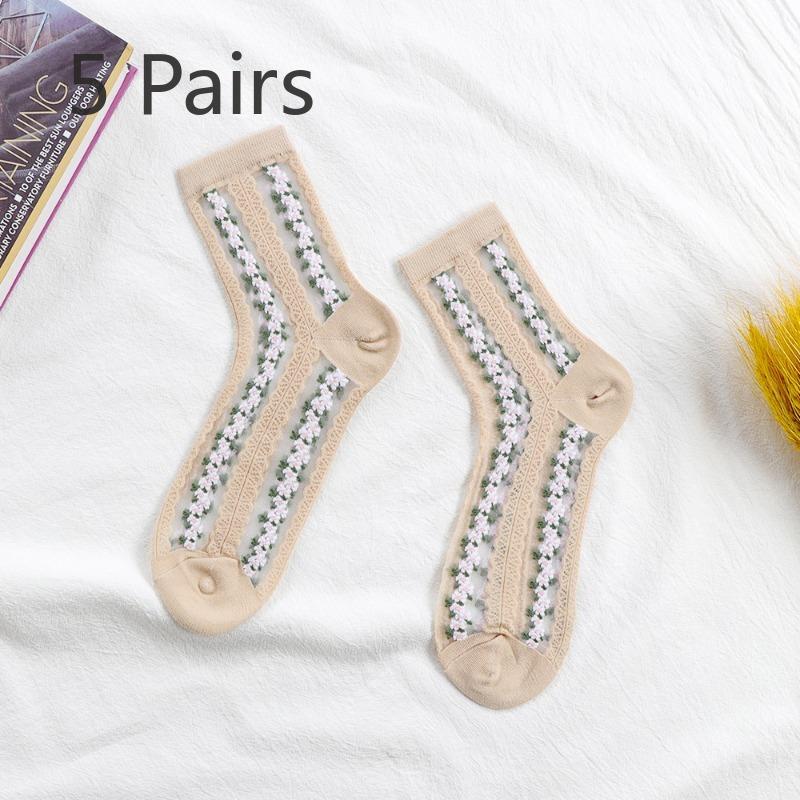 

5 пар женских летних тонких носков-трубочек с мелким цветочным принтом из прозрачного стекла, шелка и хрусталя 5 Pairs телесный