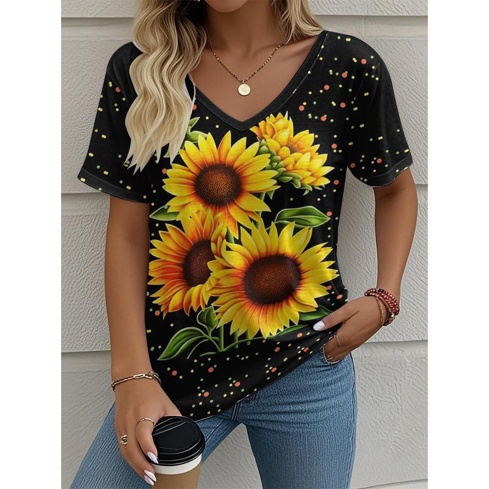 Blumen Damen V-Ausschnitt T-Shirt Sommer Outdoor Lässig Kurzarm Tops Mode 3D-Druck Trendig Übergröße Damenbekleidung