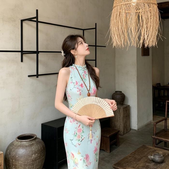 New summer French wavy pleated stand-up collar lace dress women s summer vacation printed neck dress S