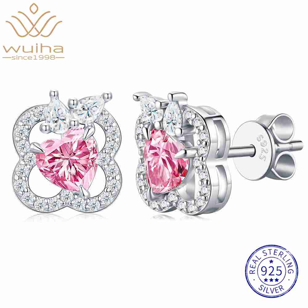 WUIHA 925 Sterling Silver 5 * 5 MM Heart Cut Real GRA Pink Moissanite Diamonds Wedding Engagement Studs Earrings Fine Jewelry