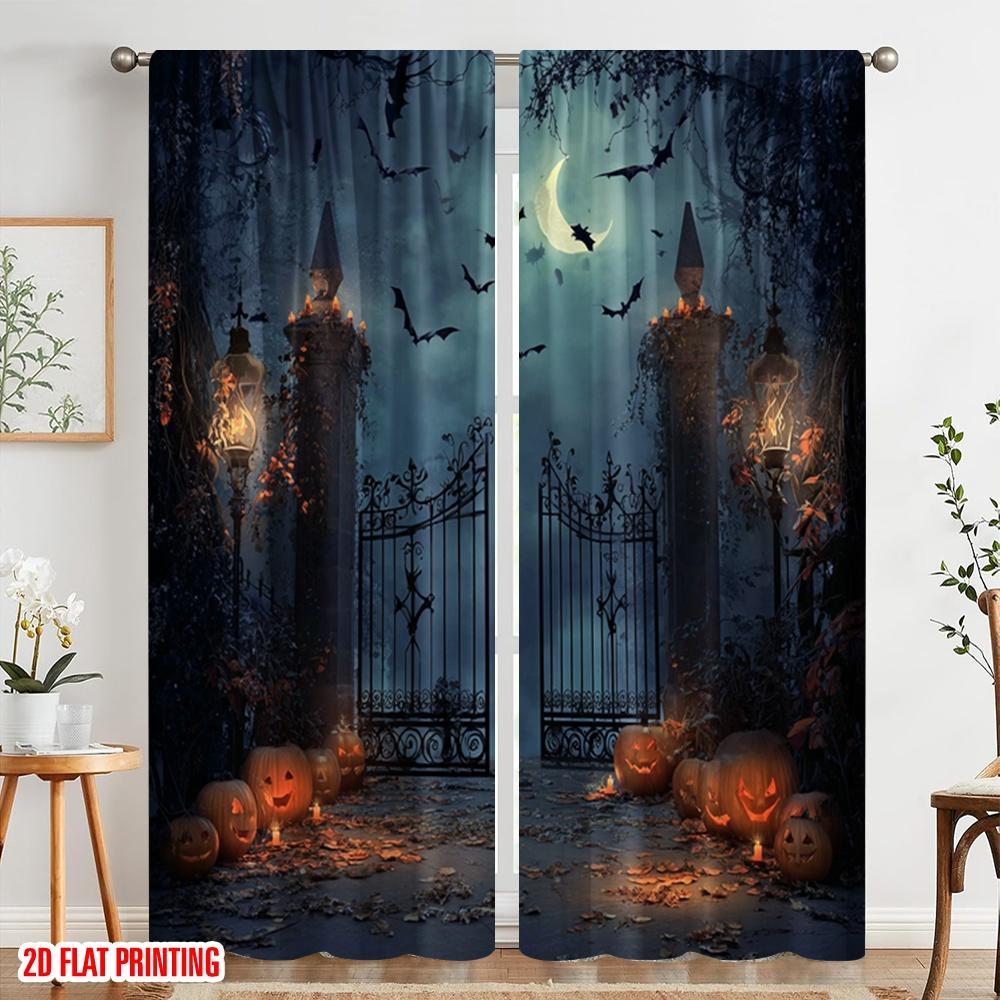 2pcs,2D Plane Printing Light Filtering Curtains Full Moon_ Gloomy Woods_ and Graveyard Versatile Durable Polyester (without Rod)