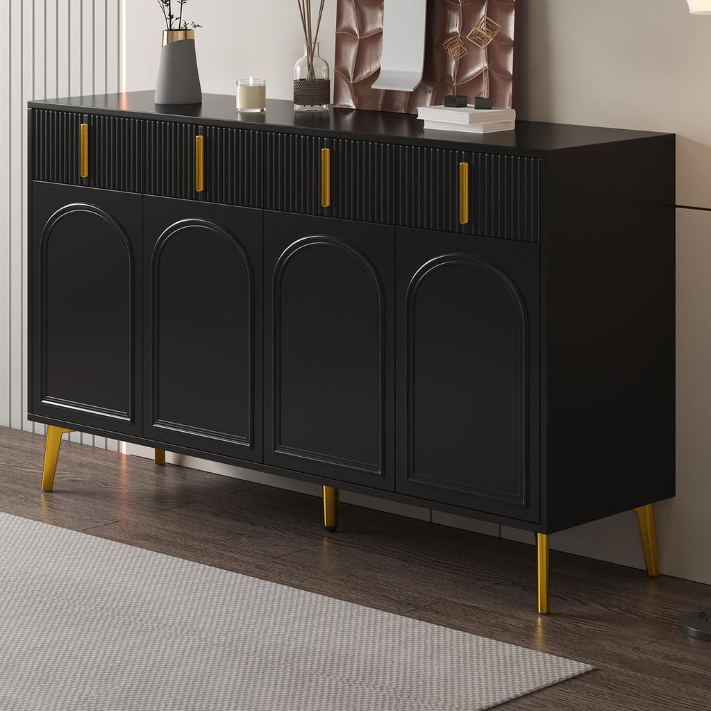 Sideboard mit goldenen Griffen und Beinen, 4 Türen, 4 Schubladen, mit abnehmbarer Laminatplatte, geeignet für Wohn- und Esszimmer, 140*38*82 cm.