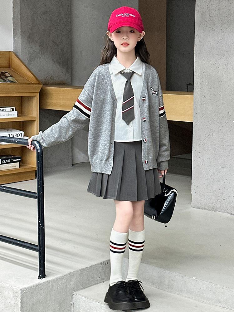 Girls' Autumn Preppy JK Shirt, Pleated Skirt, and Cardigan Set