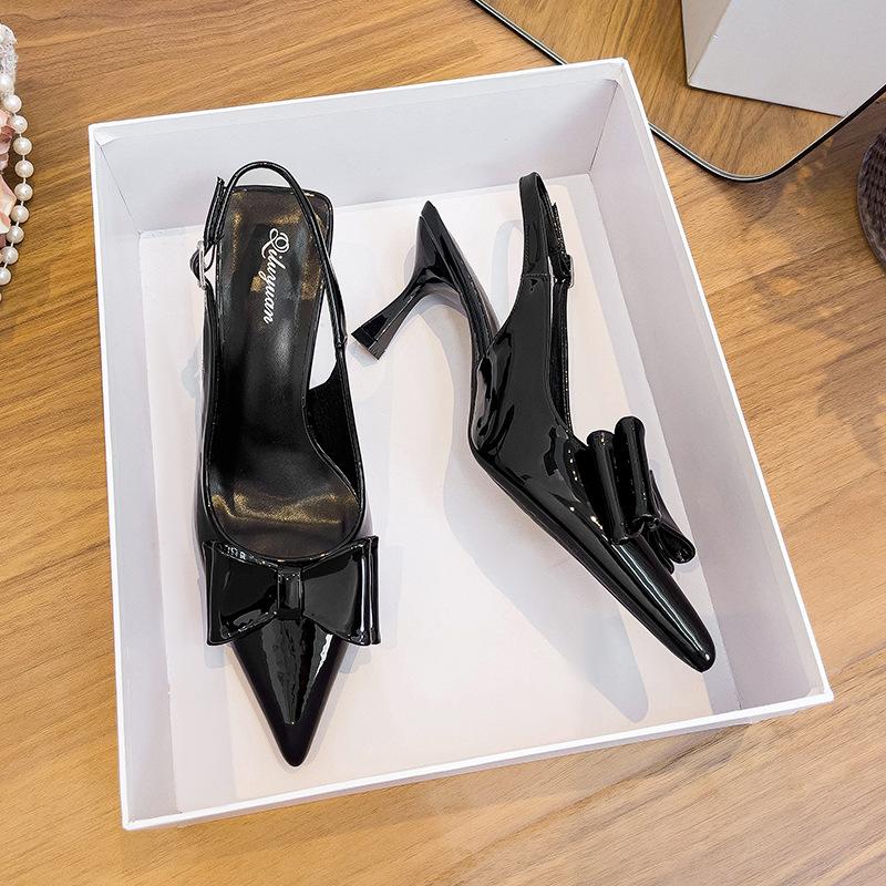 Burgundy pointed high heels women's thin heels bag head sandals 2025 new summer bow large size empty shoes