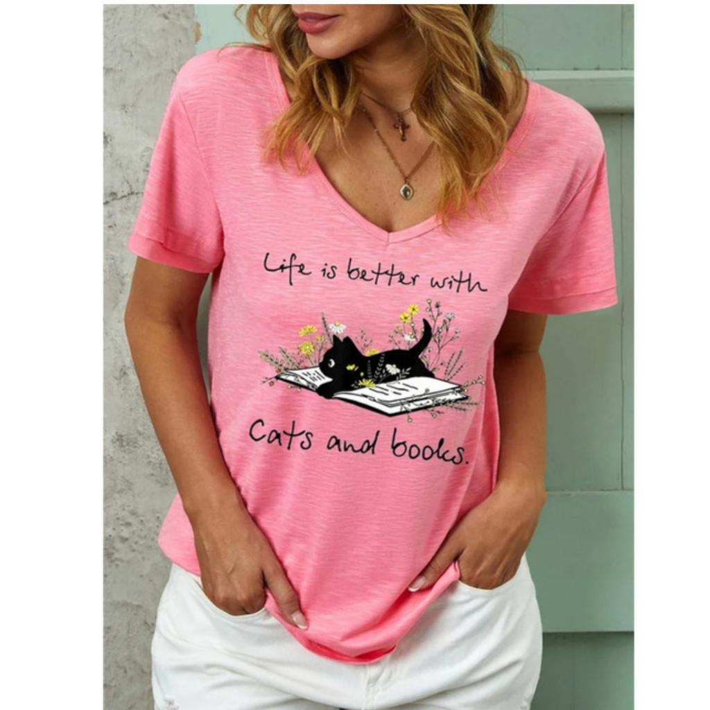 TShirt Women Summer Cute Cat Print V-Neck Sexy Polyester Harajuku Casual Pullover Cartoon Animals Female Streetwear Ladies Tops