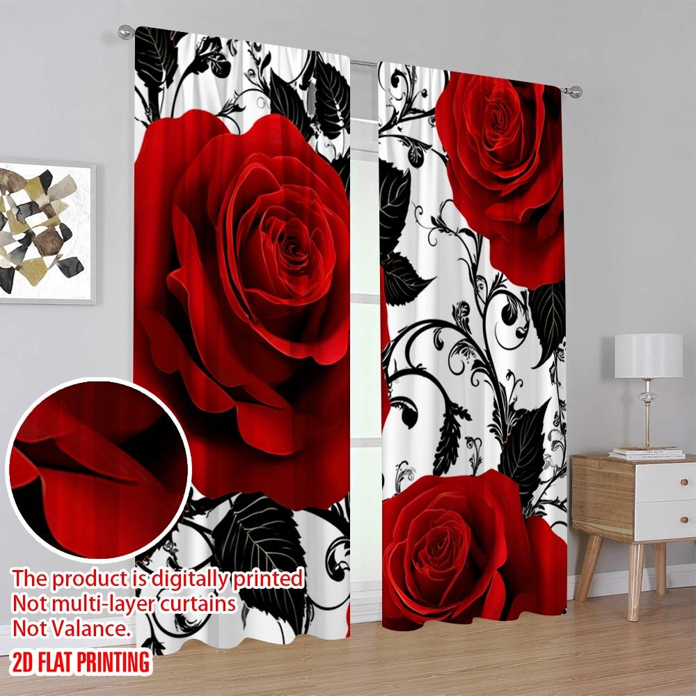 Set Of 2 Flat Printing Curtains Red Roses Black Swirls Floral Digital Printed Polyester Drapes Seasonal Party Holiday Decor Curtain