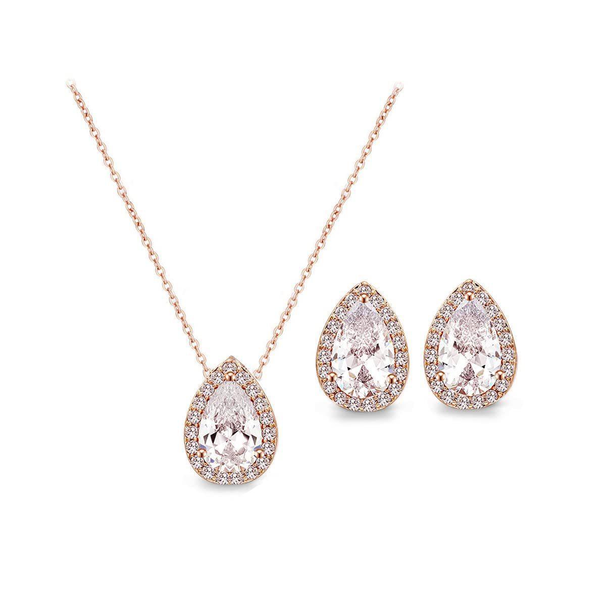 

Crystal Rhinestone Water Drop Necklace and Earring Set , Fashion Jewelry for Women , Party Daily Wear , 2 or 3 Piece Set option 1 розового золота