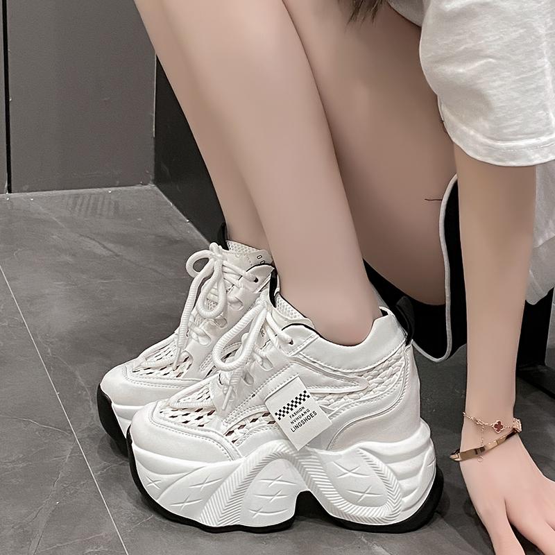 Fashion New 2025 Chunky Leather Sneakers Casual Vulcanized Shoes Woman High Platform Breathable Weave Sneakers 10CM Sport Dad Shoes